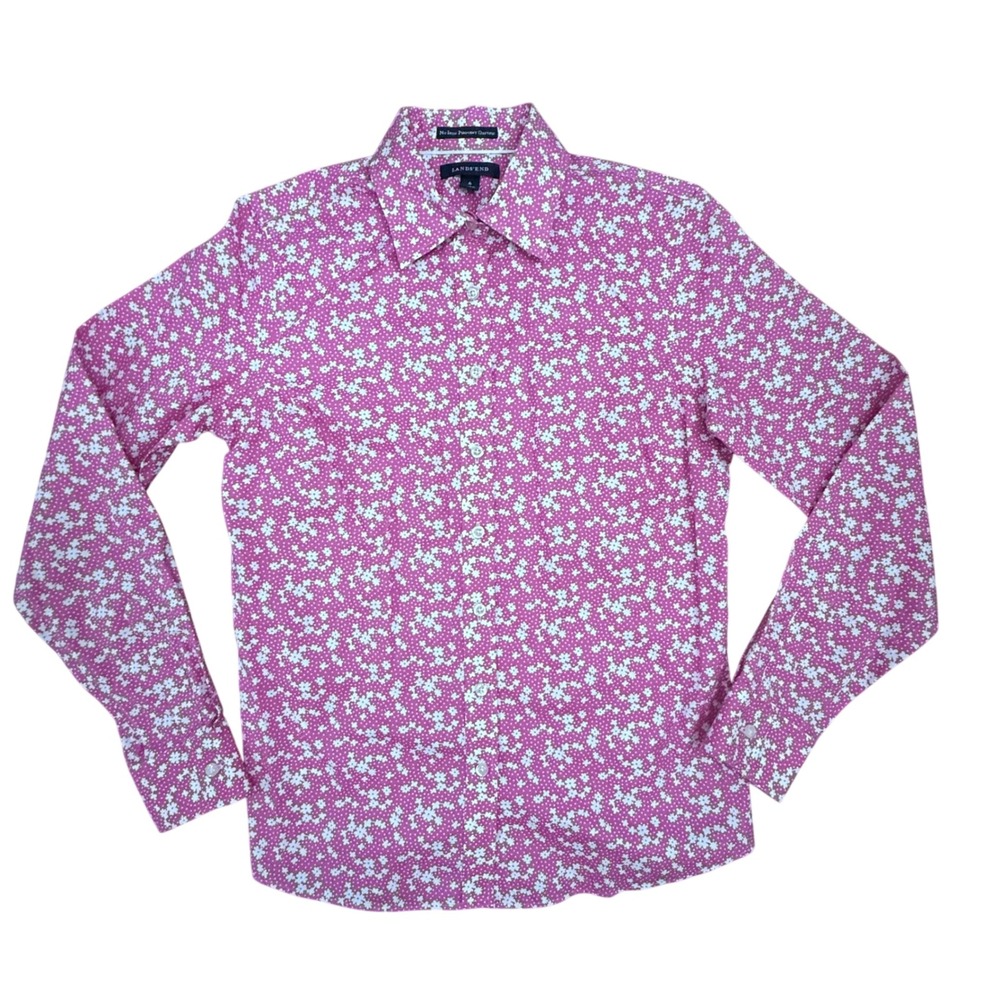 Lands' End Pink Floral No Iron Pinpoint Oxford‎ Button Down Long Sleeve size 6